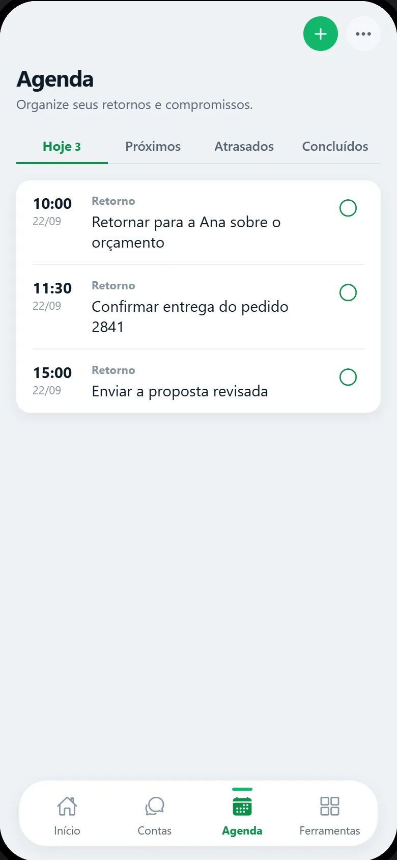 Tela da agenda do ZappyDue na aba Hoje, com três retornos marcados para as 10:00, 11:30 e 15:00.