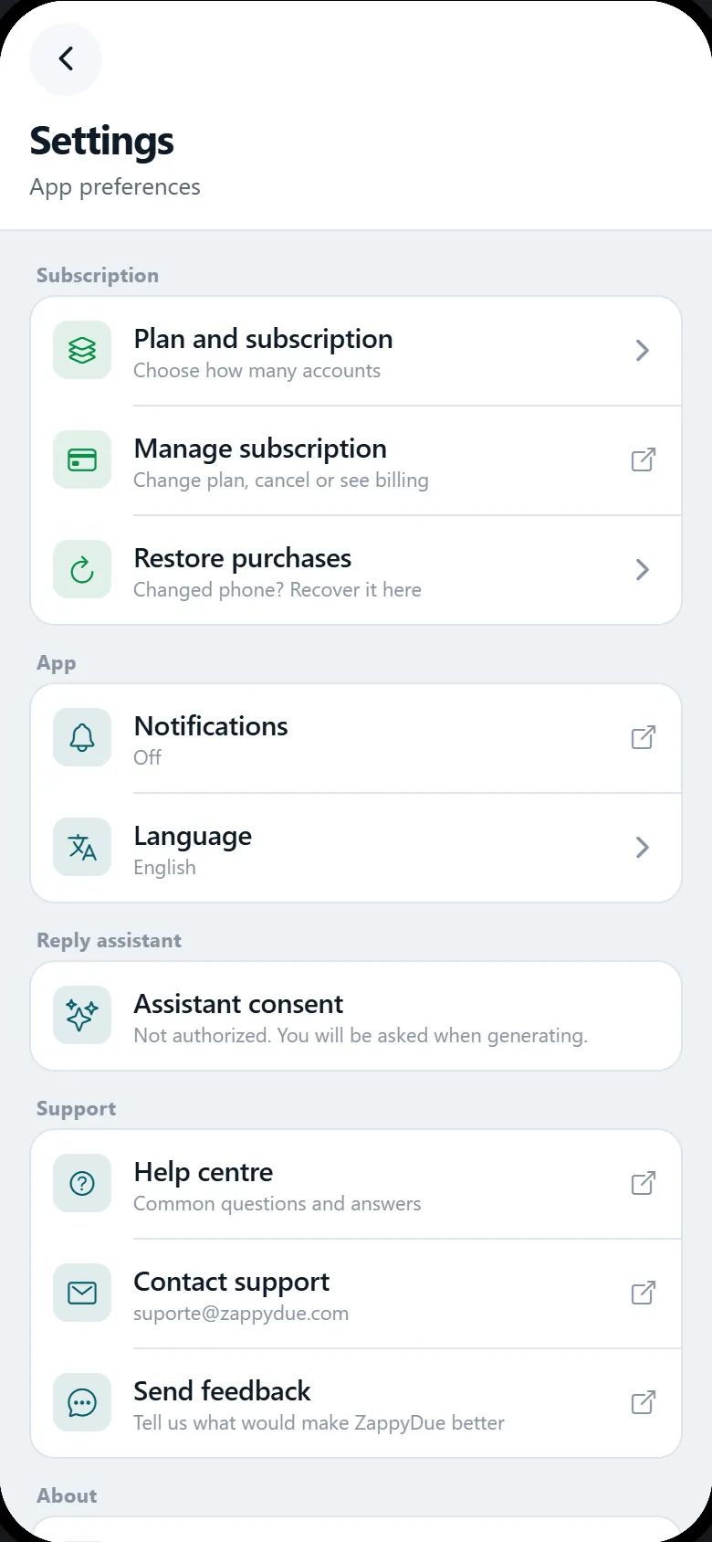 ZappyDue settings panel with the Subscription, App, Reply assistant and Support sections.