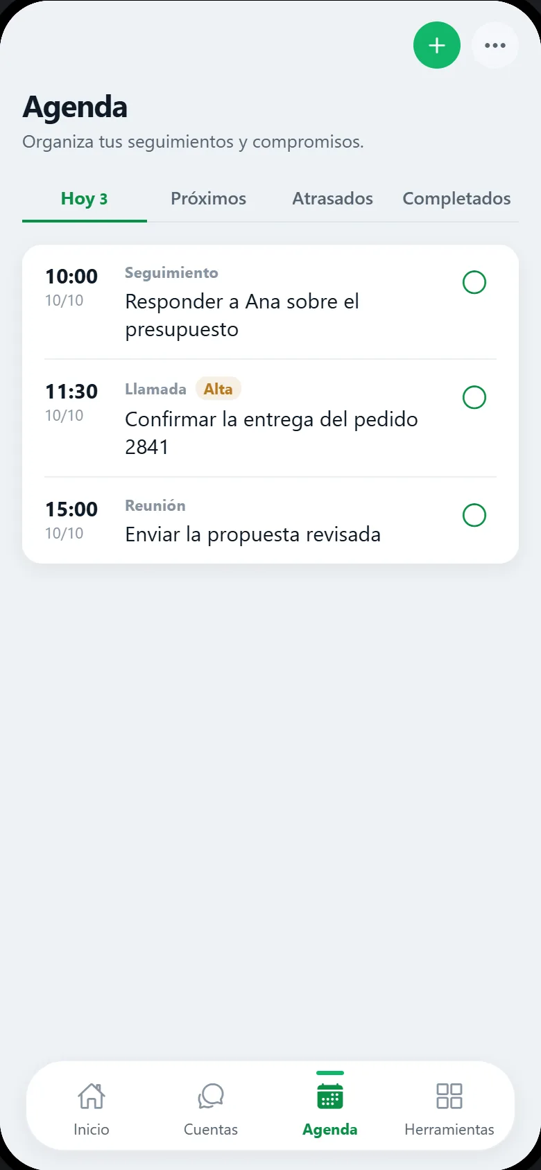 Agenda de ZappyDue en la pestaña Hoy, con tres seguimientos a las 10:00, 11:30 y 15:00.