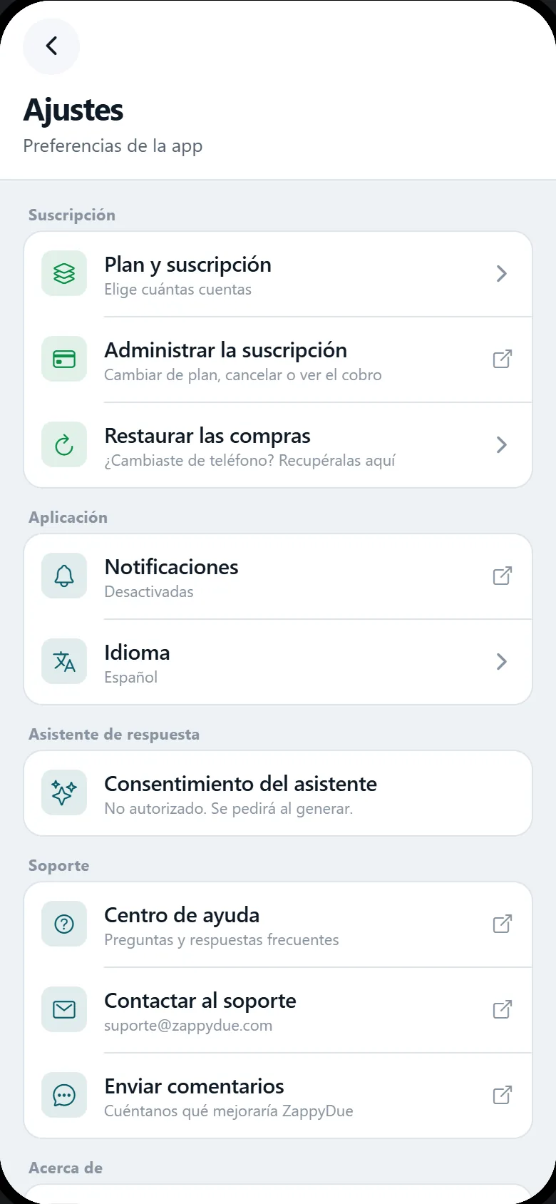 Panel de ajustes de ZappyDue con las secciones Suscripción, Aplicación, Asistente de respuesta y Soporte.