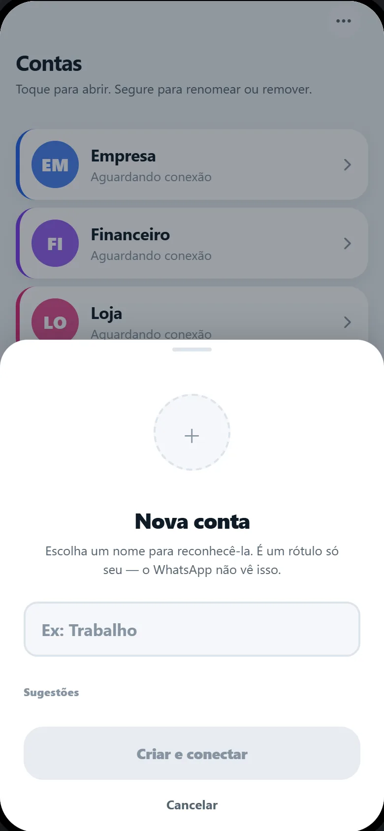 Tela de nova conta do ZappyDue: campo para dar um nome à conta, com sugestões Empresa, Suporte e Loja.